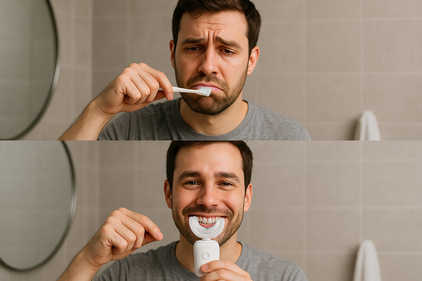 A man brushing his teeth with a regular toothbrush, sad. The same man brushing his teeth with a U-shaped electric toothbrush, smiling.