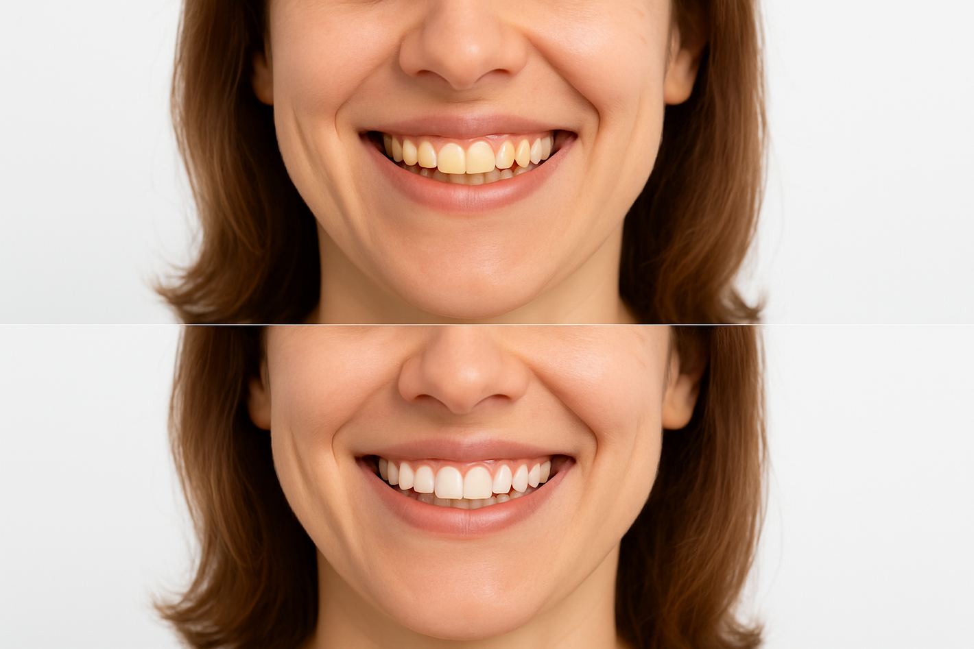 A person with yellow teeth and the same person under the picture has shiny white teeth