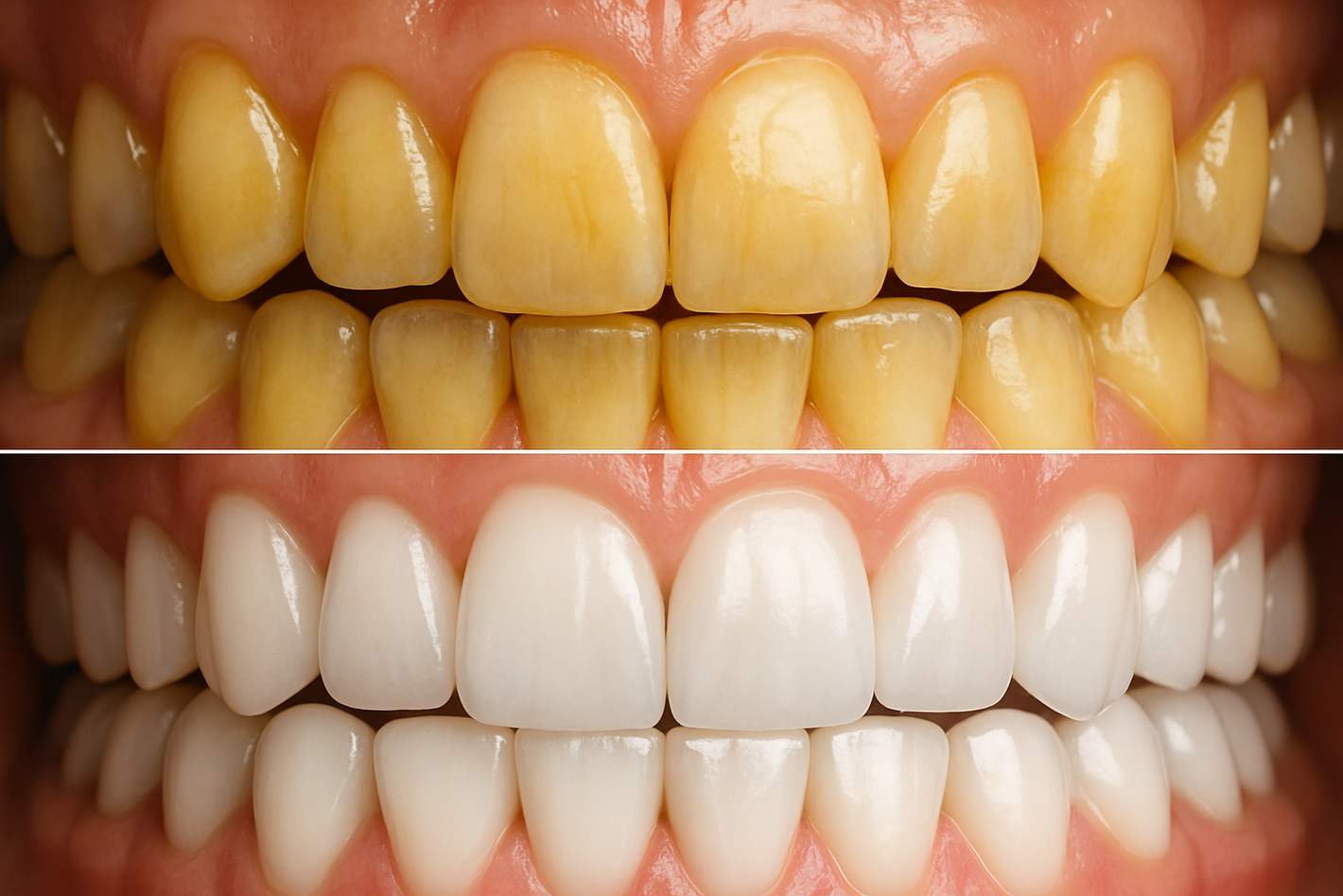 Yellow teeth above and below, shiny white teeth
